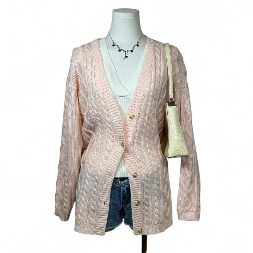 Vintage Baby Pink Knit Sweater Cardigan Womens S Oversized Cable Knit Soft‎ Girl